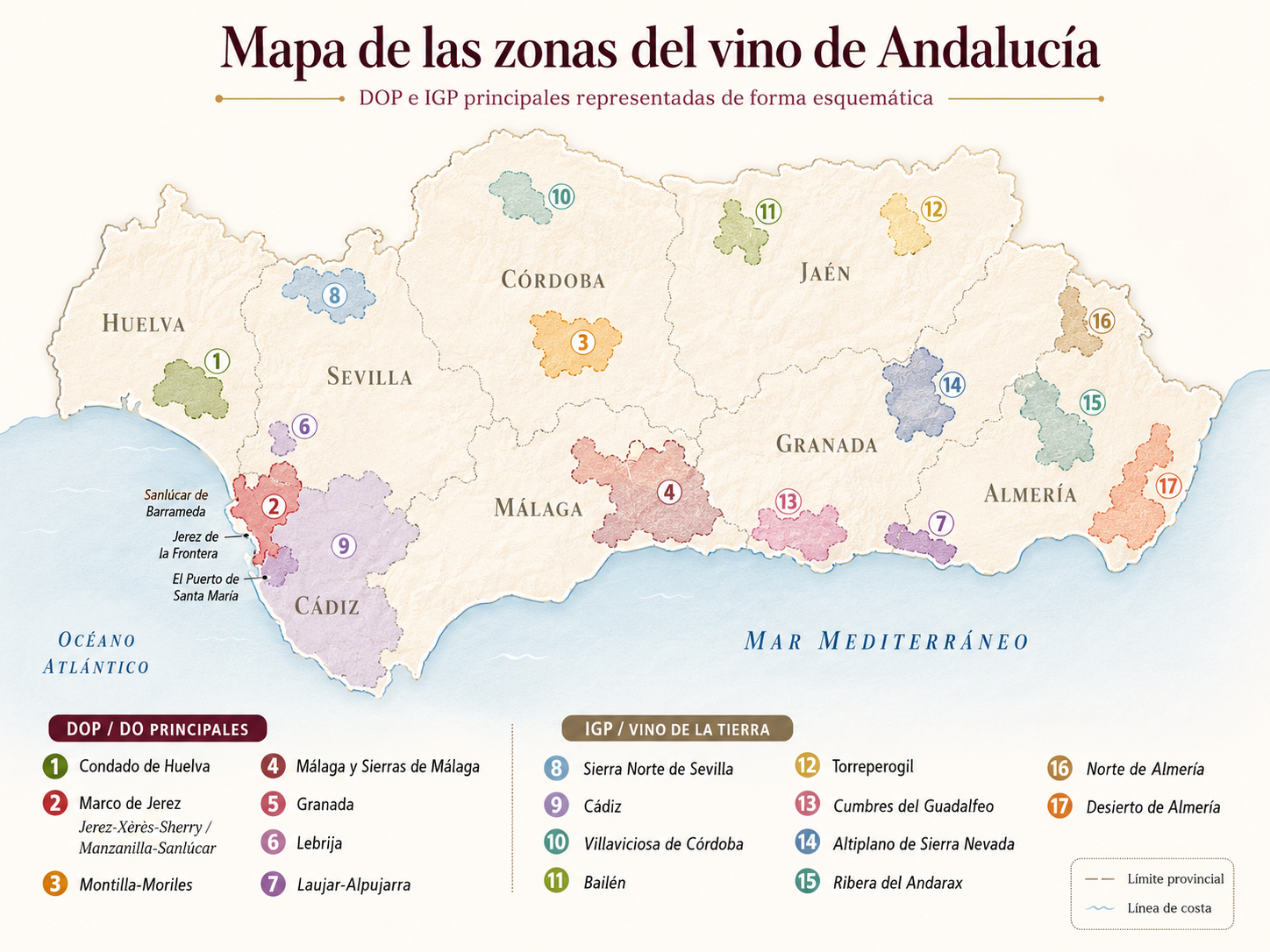 Mapa de las principales zonas vitivinícolas de Andalucía