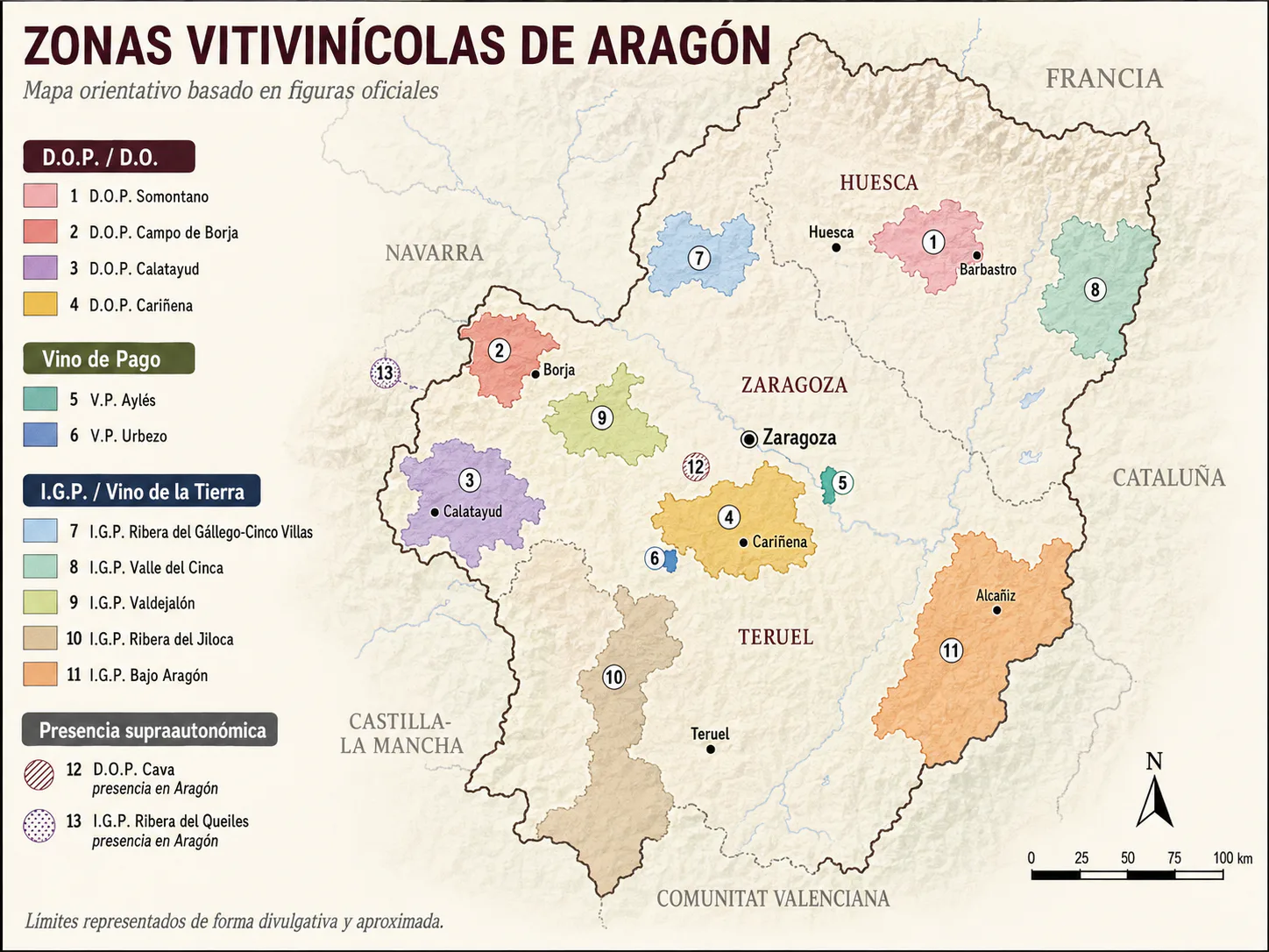 Mapa de las zonas vitivinícolas de Aragón con Calatayud, Campo de Borja, Cariñena, Somontano, Aylés, Urbezo e IGP aragonesas