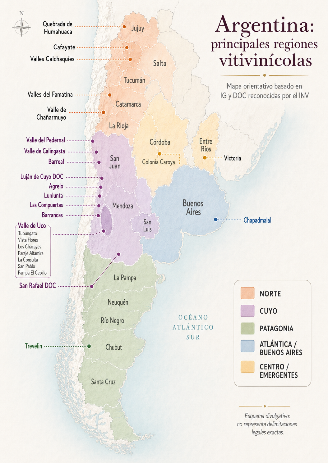 Mapa orientativo de las principales regiones vitivinícolas de Argentina