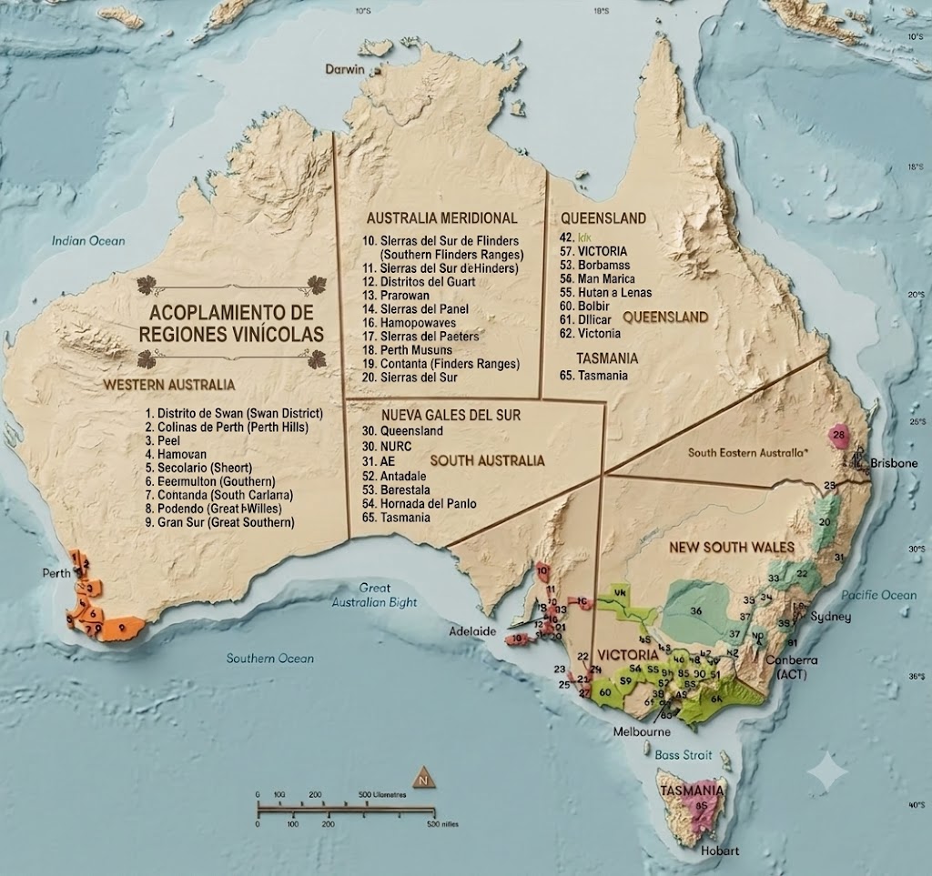 Mapa orientativo de las principales regiones vitivinícolas de Australia