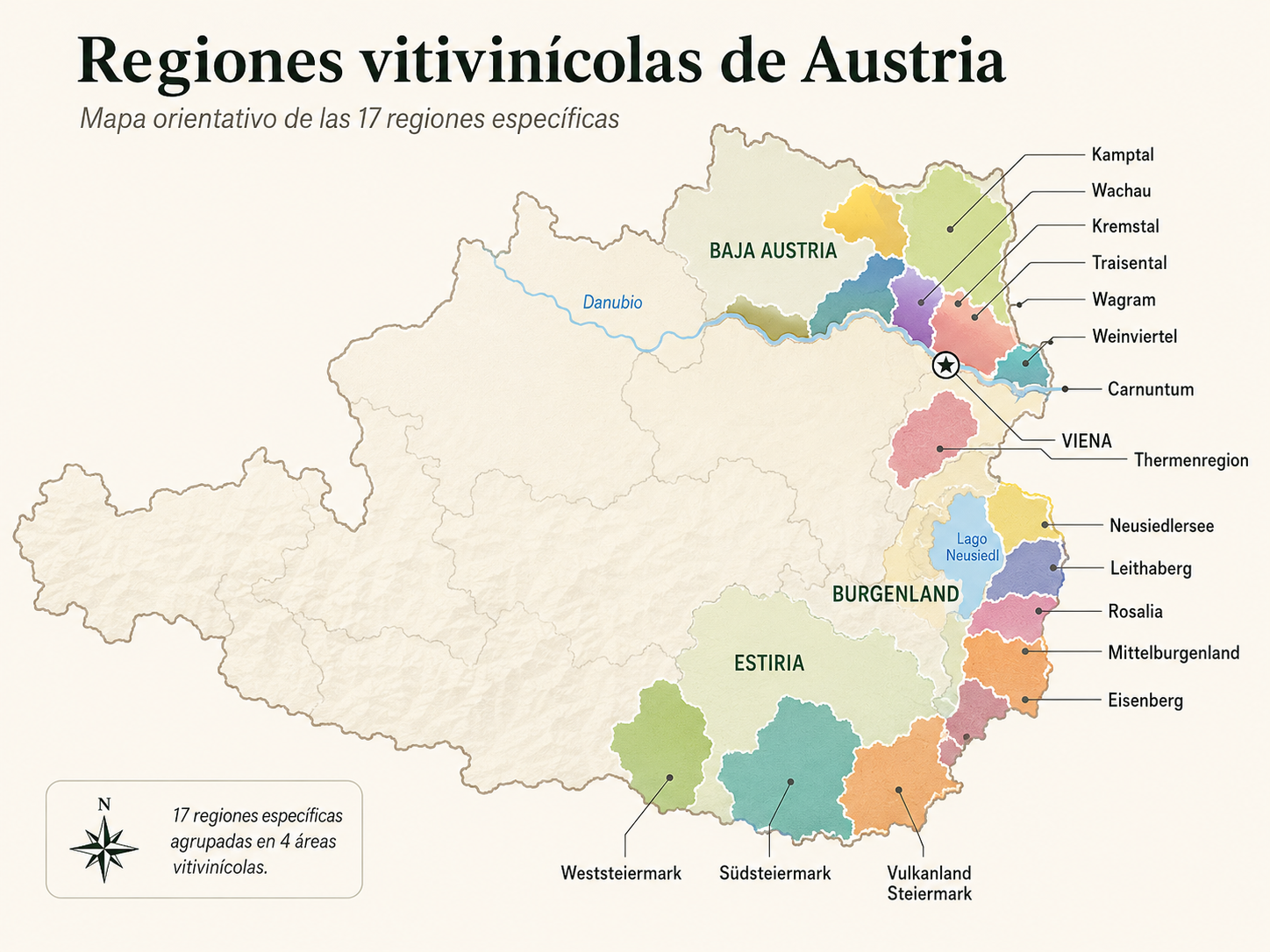 Mapa orientativo de las regiones vitivinícolas de Austria
