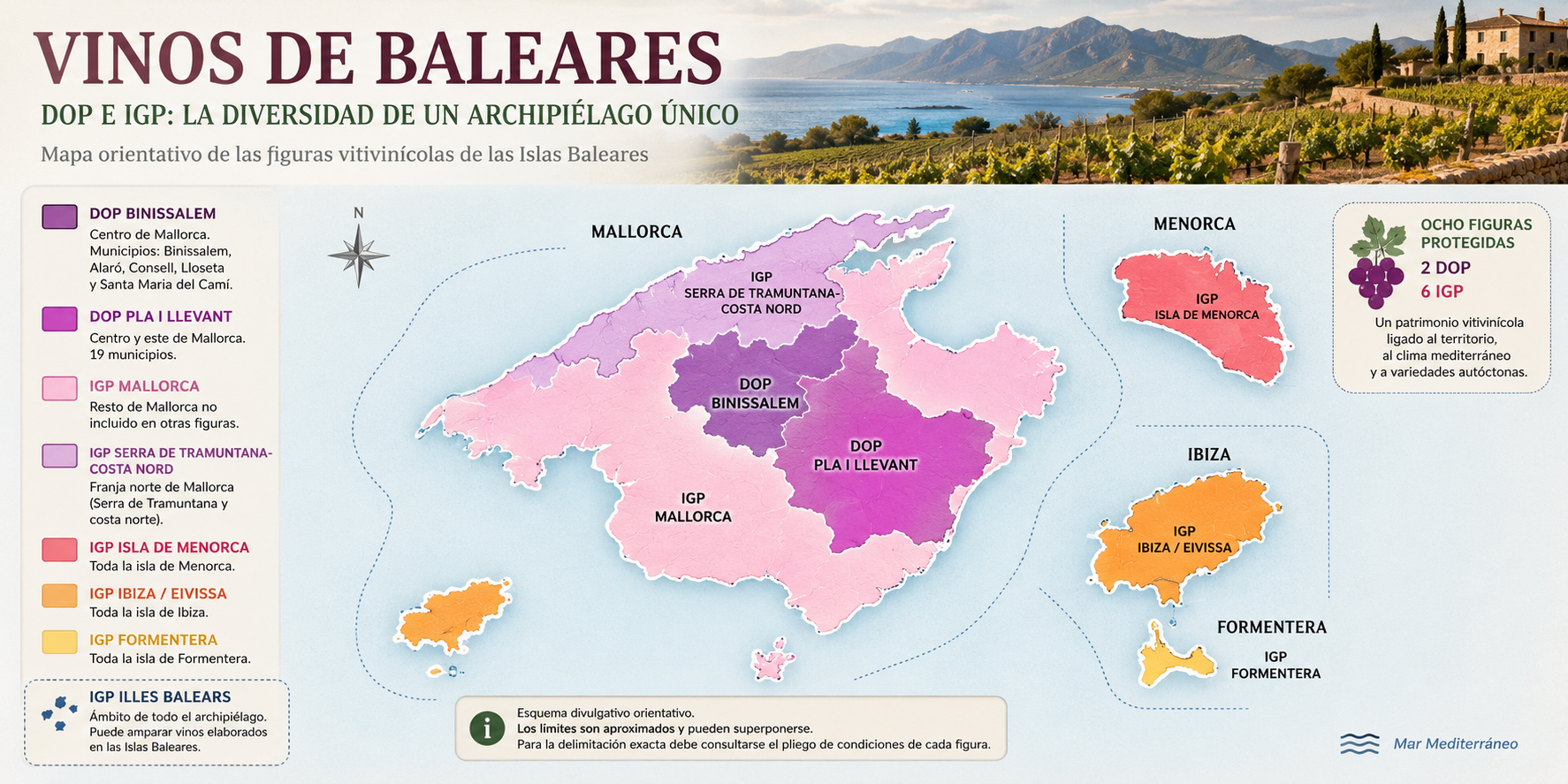 Mapa orientativo de las zonas vitivinícolas de Baleares con Mallorca, Menorca, Ibiza, Formentera, Binissalem, Pla i Llevant y Serra de Tramuntana-Costa Nord