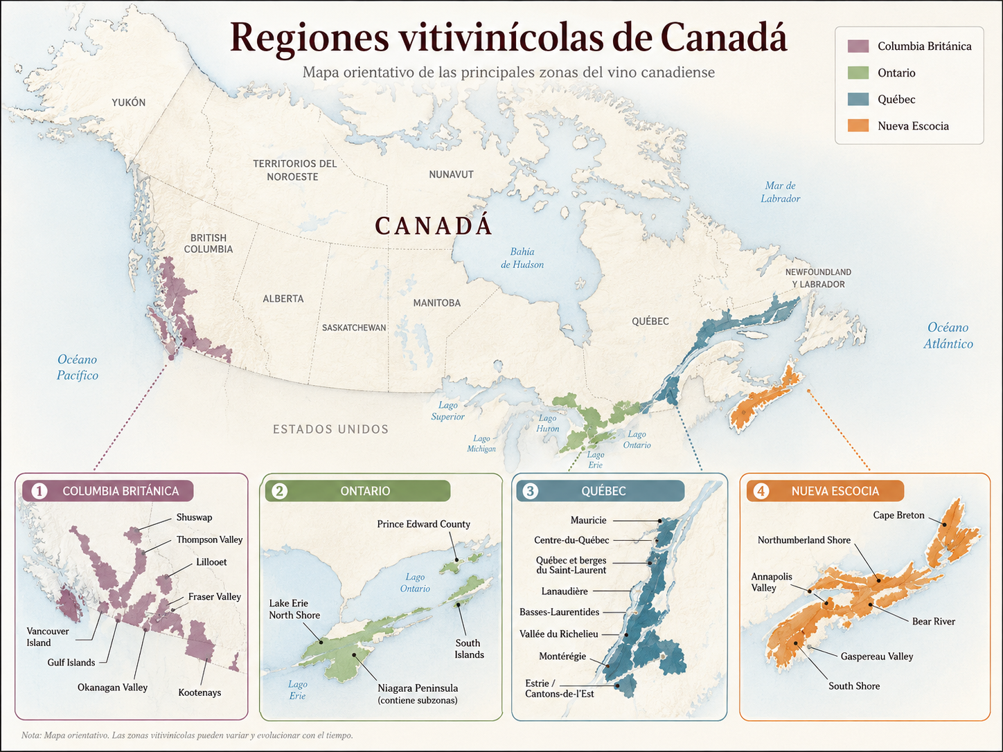 Mapa orientativo de las principales zonas vitivinícolas de Canadá