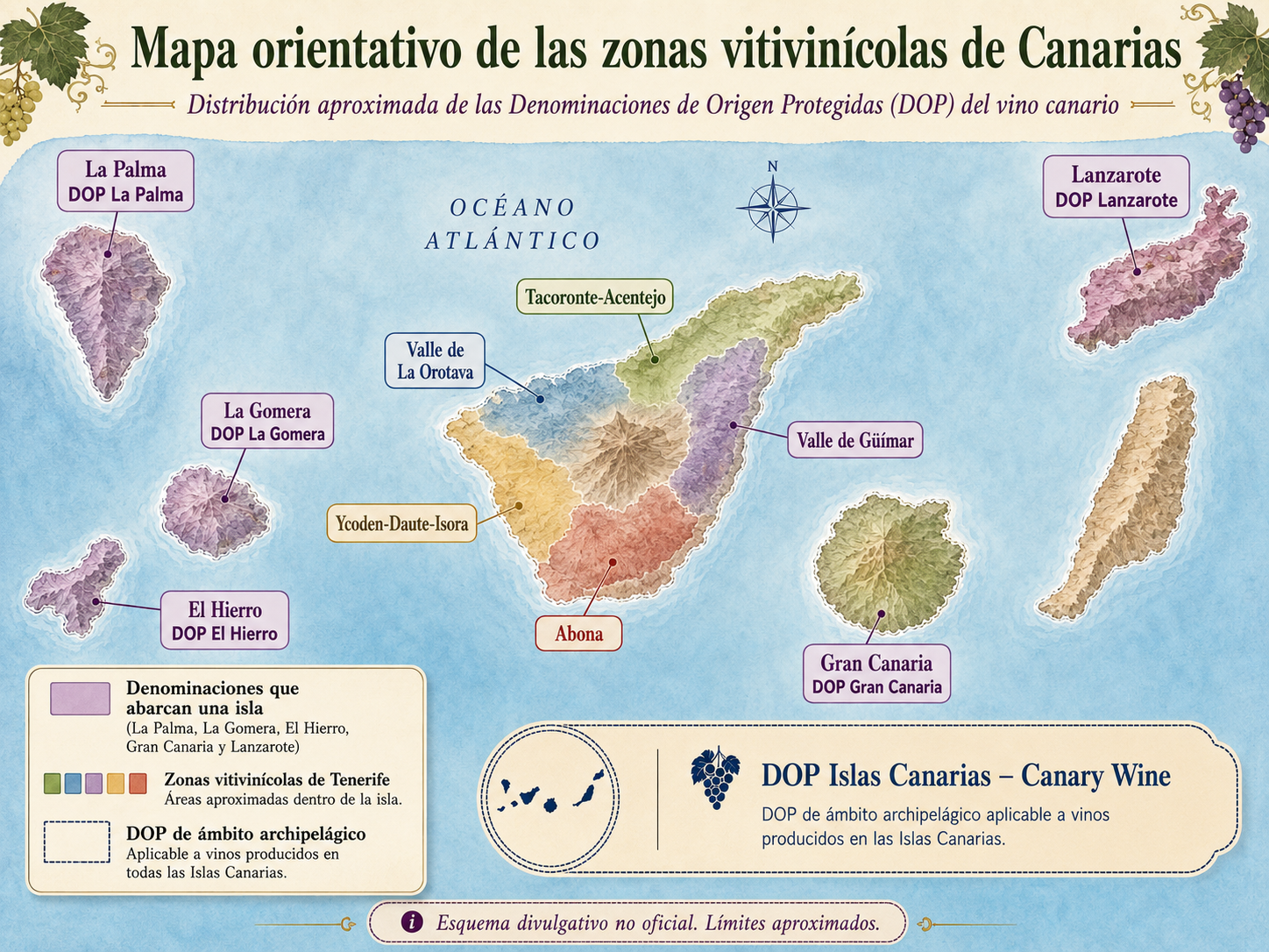 Mapa vitivinícola de Canarias con las denominaciones de Lanzarote, Gran Canaria, Tenerife, La Gomera, La Palma, El Hierro e Islas Canarias