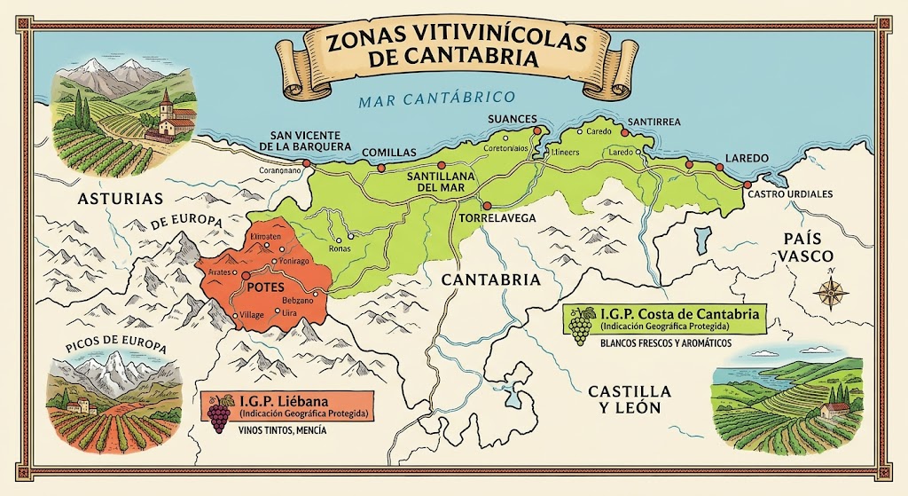 Mapa orientativo de las IGP Costa de Cantabria y Liébana con litoral, valles y Picos de Europa