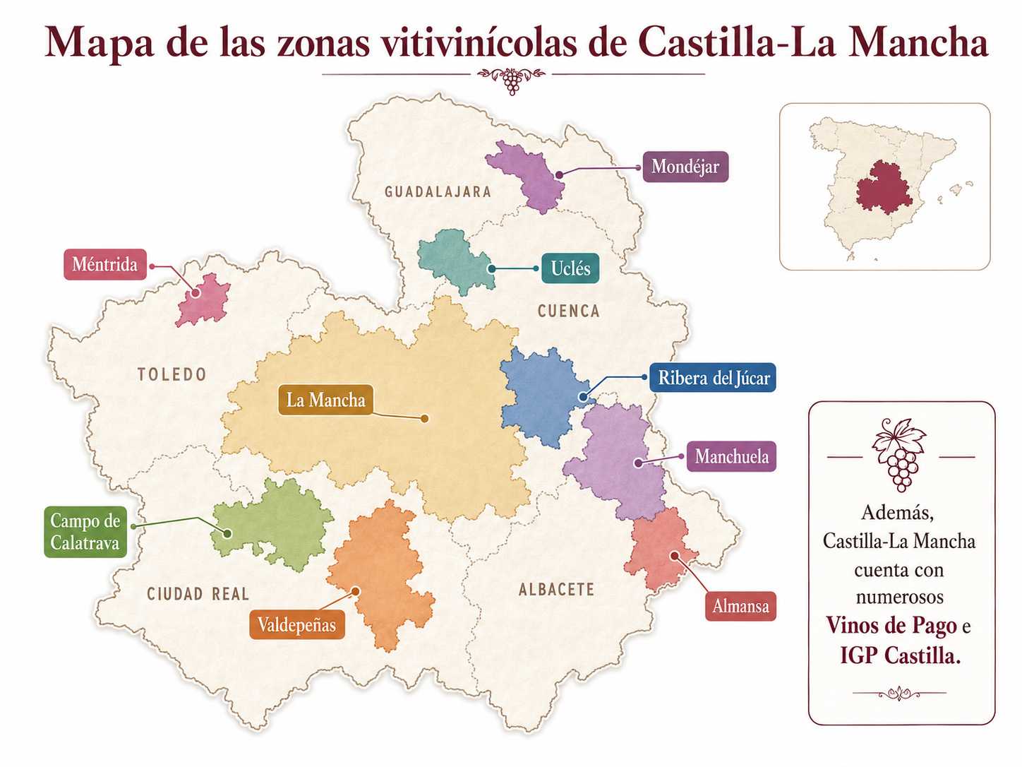 Mapa de zonas vitivinícolas de Castilla-La Mancha con La Mancha, Valdepeñas, Manchuela, Almansa, Méntrida, Uclés, Mondéjar, Ribera del Júcar, Campo de Calatrava, Vinos de Pago e IGP Castilla