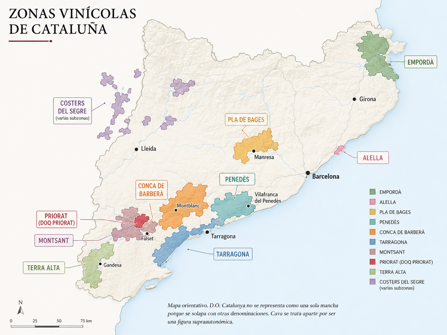 Mapa orientativo de las zonas vinícolas de Cataluña con Empordà, Alella, Pla de Bages, Penedès, Conca de Barberà, Tarragona, Priorat, Montsant, Terra Alta y Costers del Segre