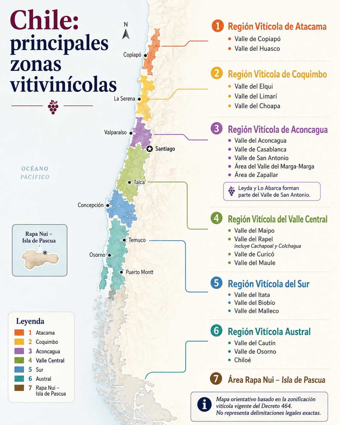 Mapa orientativo de las principales regiones y valles vitivinícolas de Chile