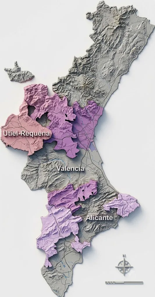 Mapa de las zonas vinícolas de la Comunitat Valenciana con IGP Castelló, D.O. Utiel-Requena, D.O. Valencia y D.O. Alicante