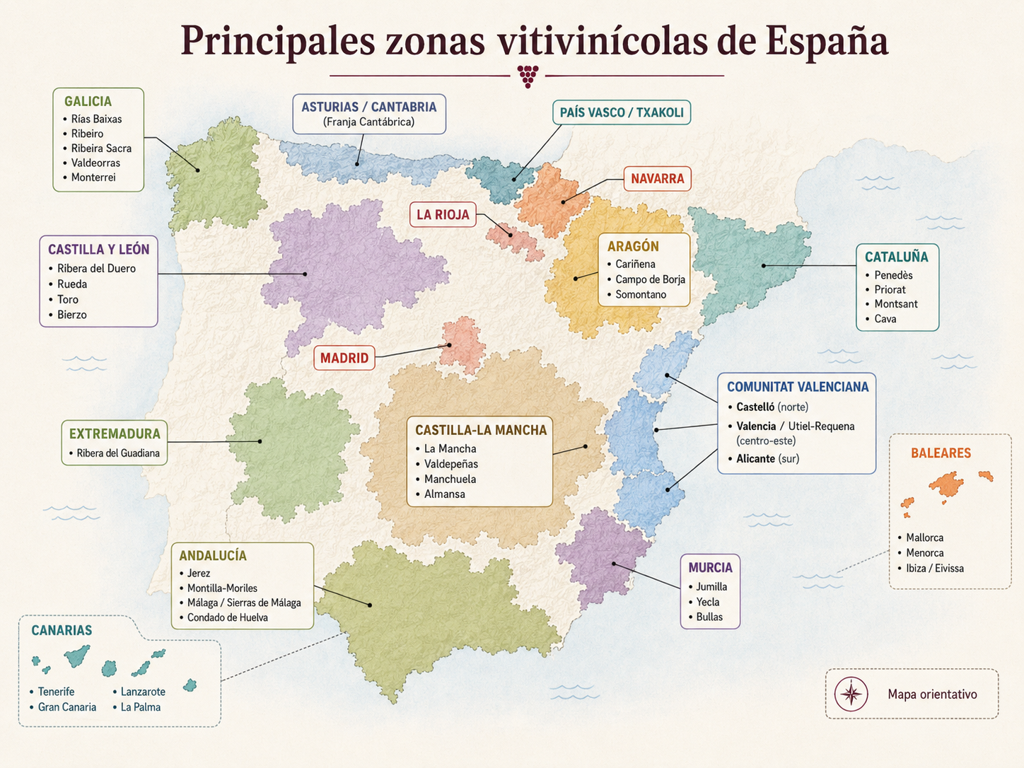 Mapa orientativo de las zonas vitivinícolas de España por comunidades y figuras supraautonómicas