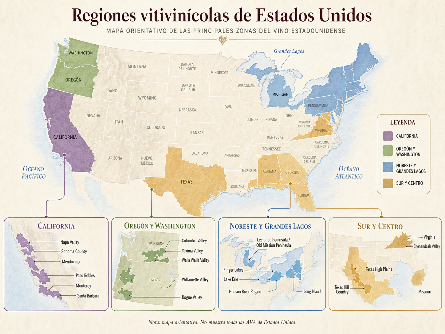 Mapa orientativo de las principales regiones vitivinícolas y AVA de Estados Unidos