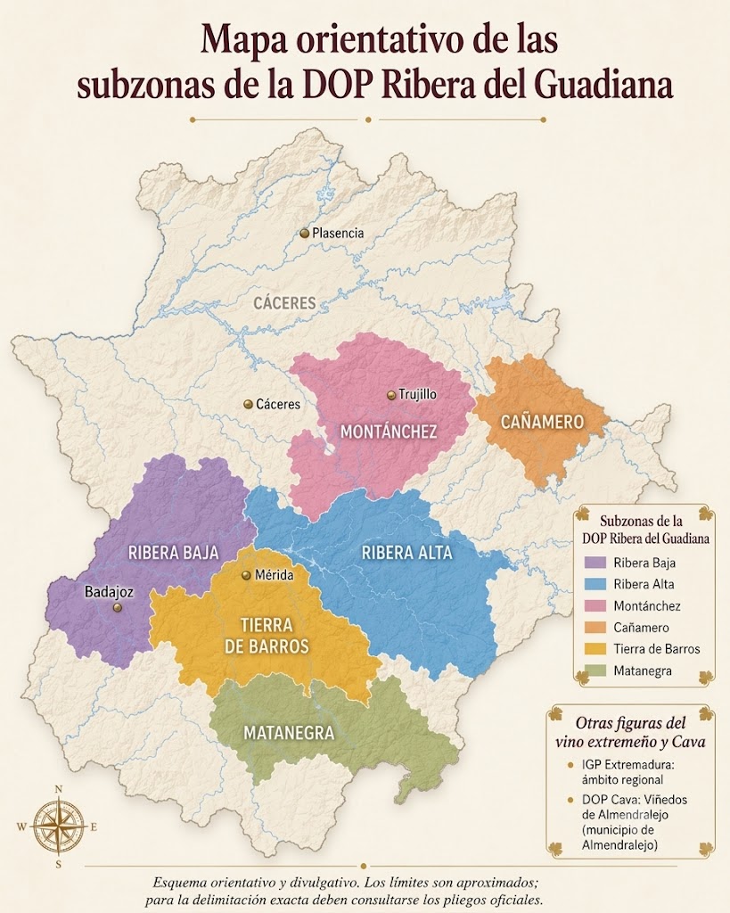 Mapa orientativo de las zonas vitivinícolas de Extremadura con Ribera del Guadiana, IGP Extremadura y Almendralejo dentro de la DOP Cava