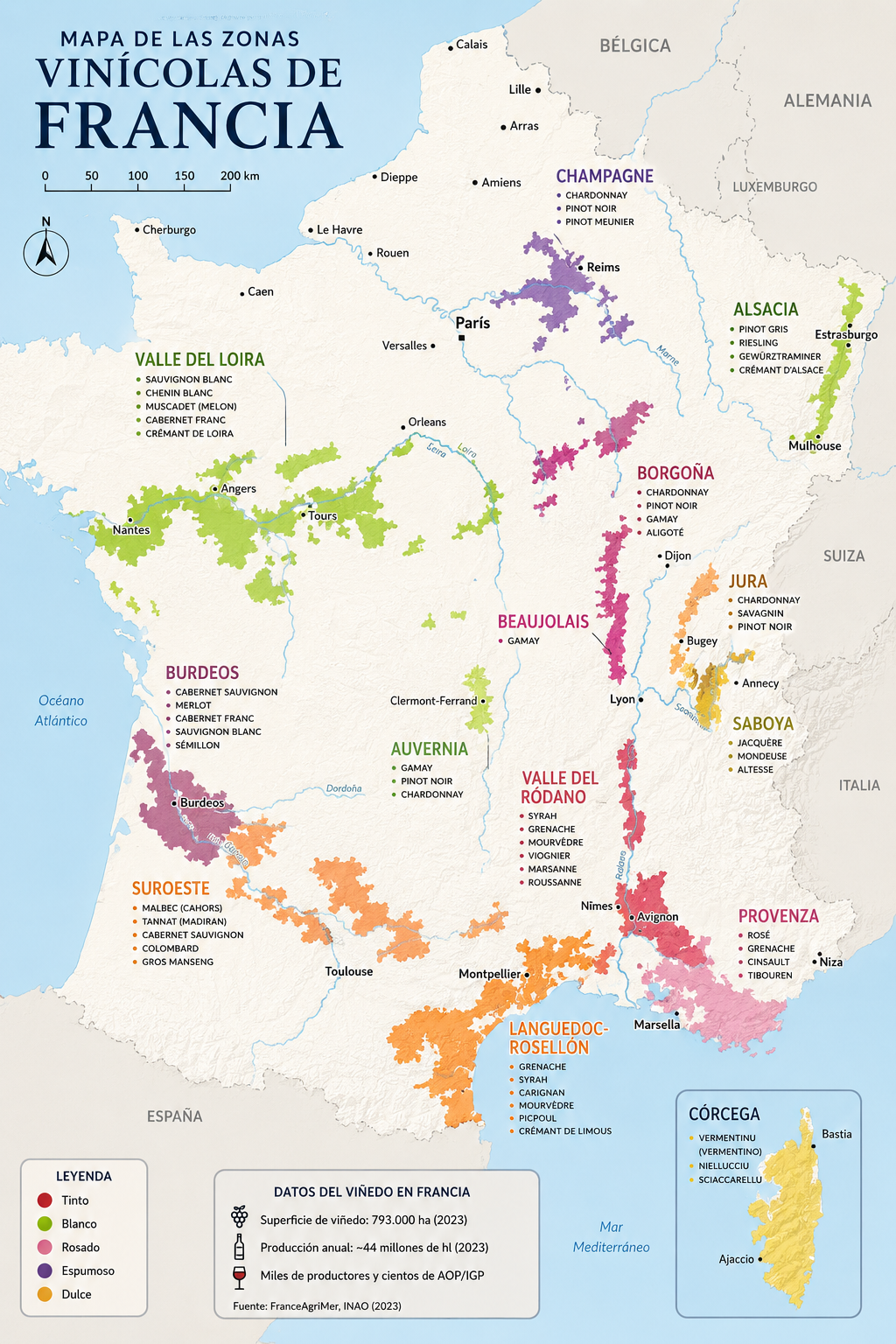 Mapa orientativo de las principales regiones vitivinícolas de Francia