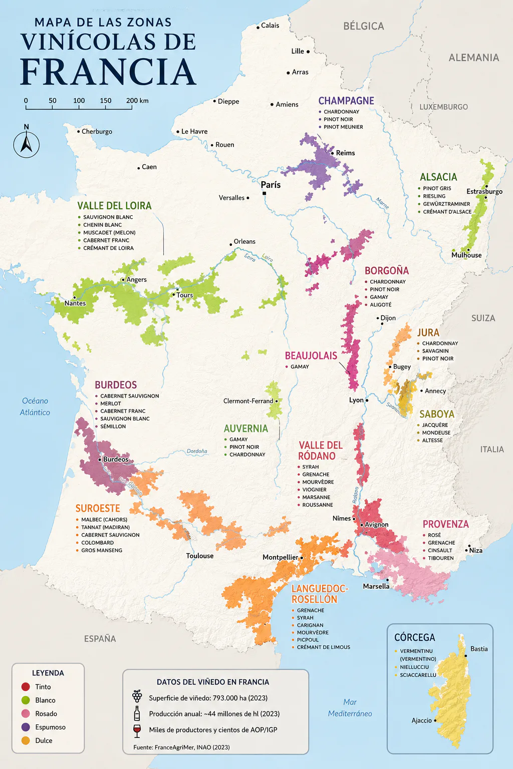 Mapa orientativo de las principales regiones vitivinícolas de Francia