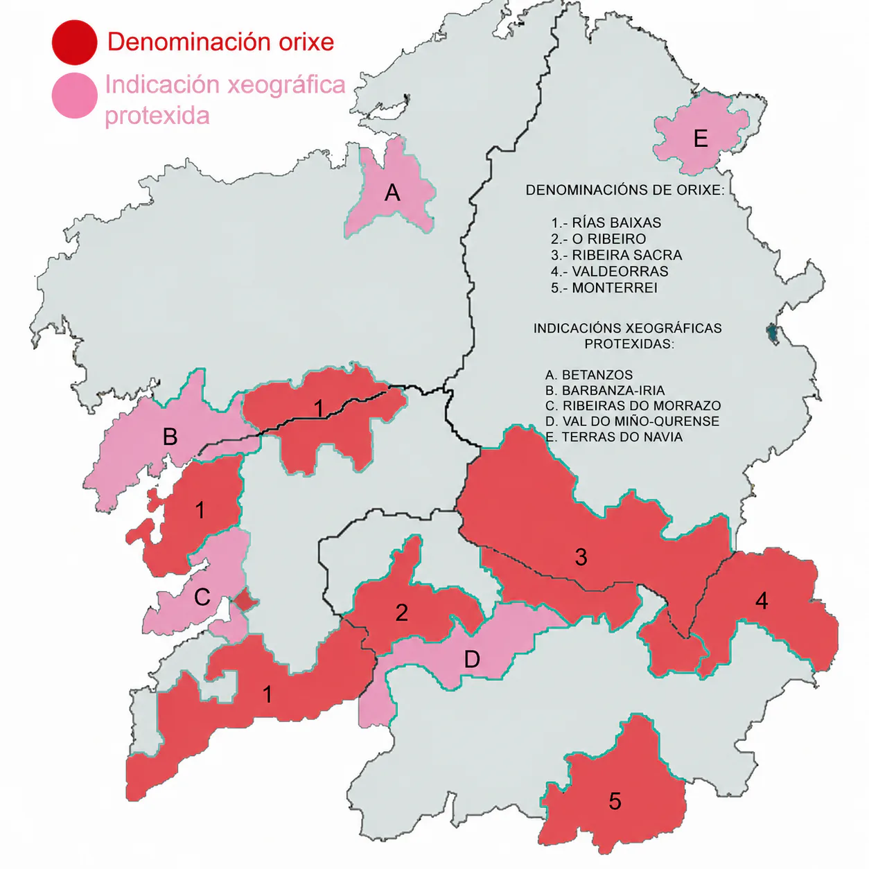 Mapa orientativo de las zonas vinícolas de Galicia con Rías Baixas, Ribeiro, Ribeira Sacra, Valdeorras, Monterrei e IGP gallegas
