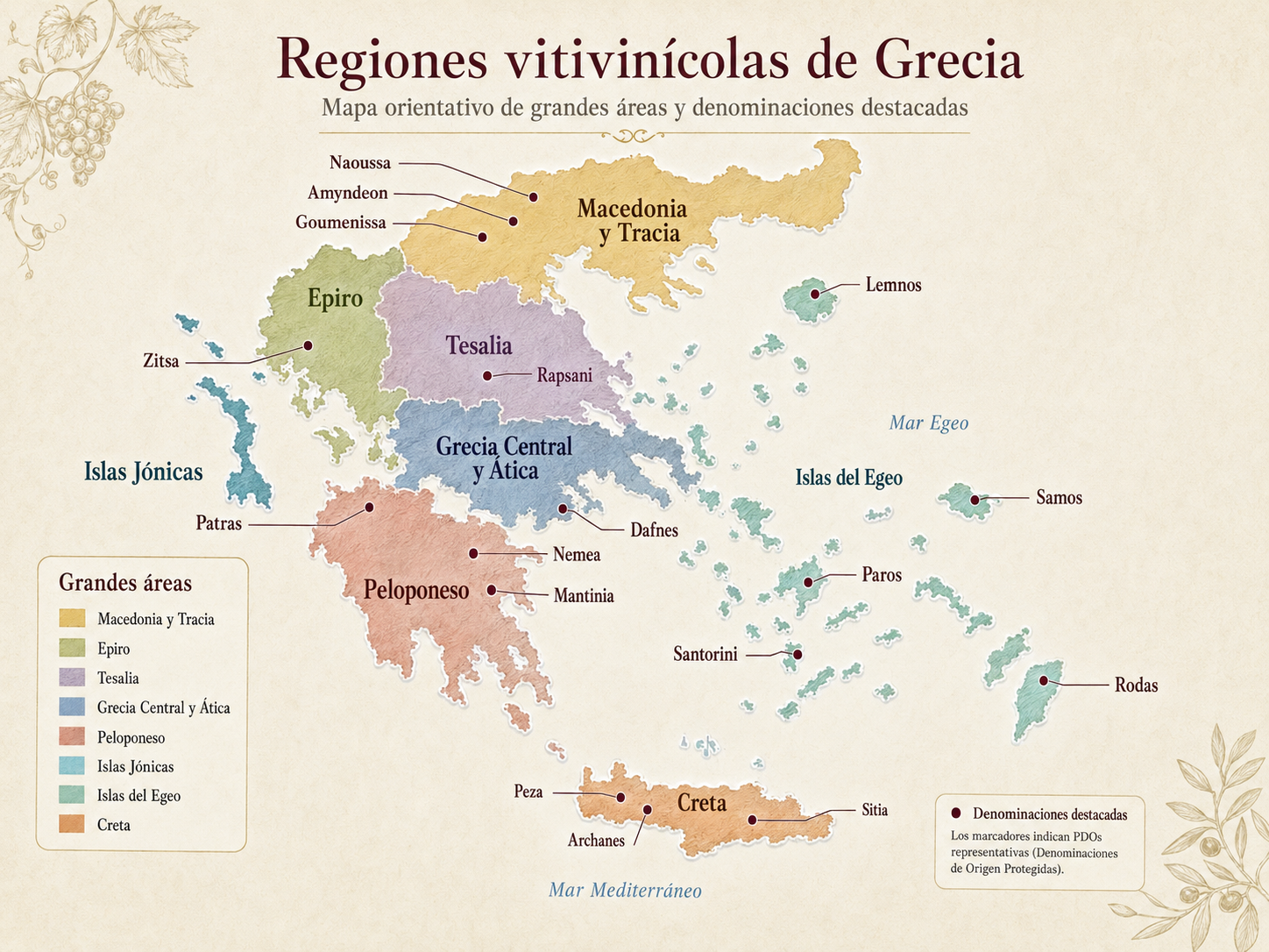 Mapa orientativo de las principales regiones vitivinícolas y denominaciones de Grecia