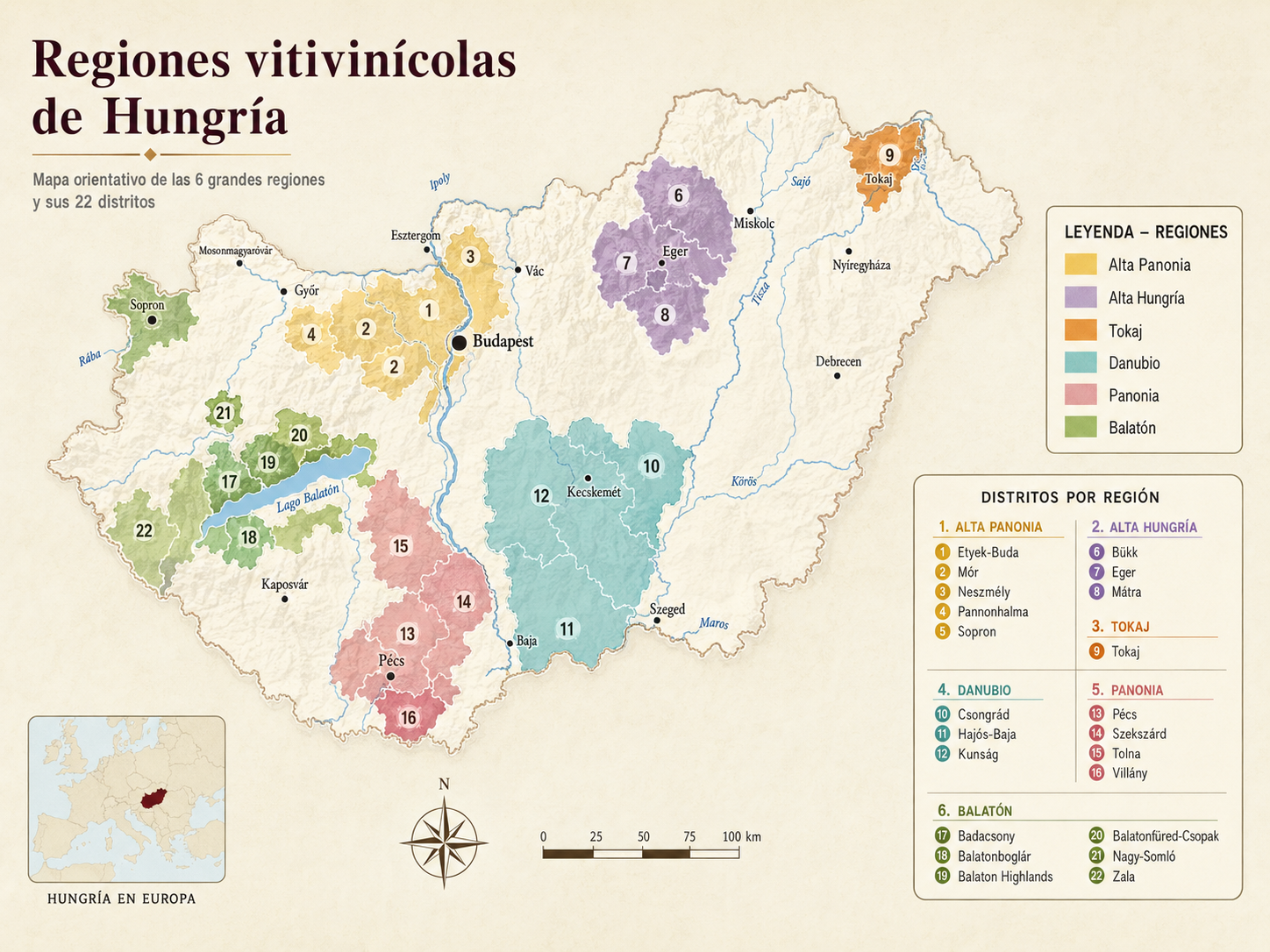 Mapa orientativo de las seis regiones y los veintidós distritos vitivinícolas de Hungría