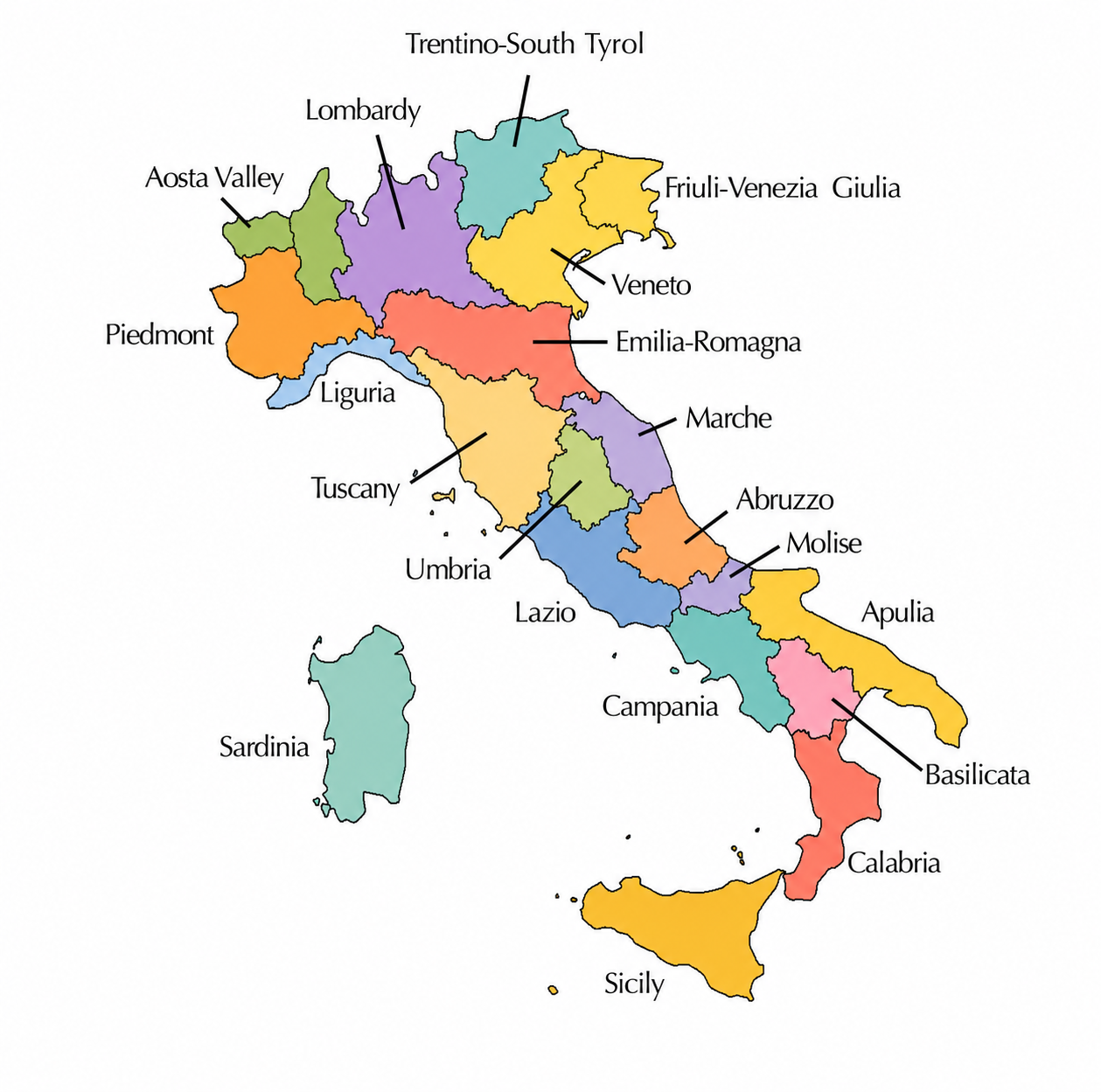 Mapa orientativo de las principales regiones vitivinícolas de Italia