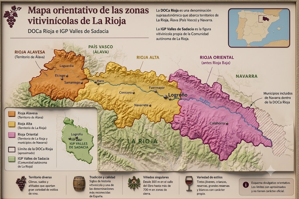 Mapa orientativo de las zonas vitivinícolas de La Rioja con Rioja Alta, Rioja Oriental, DOCa Rioja e IGP Valles de Sadacia