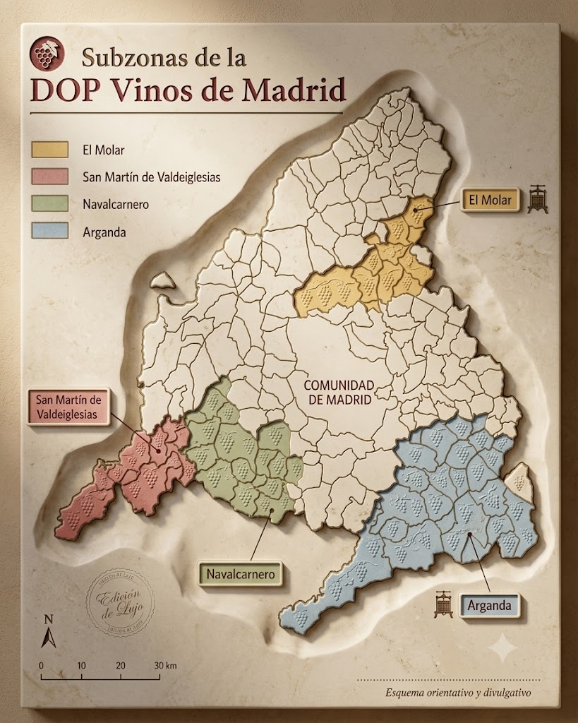 Mapa orientativo de las cuatro subzonas de la DOP Vinos de Madrid
