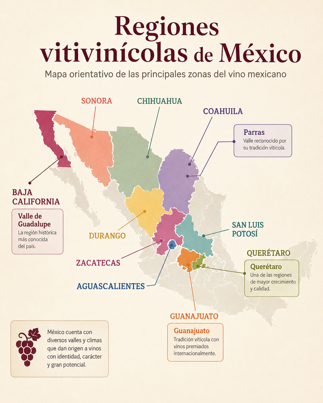 Mapa orientativo de las principales regiones vitivinícolas de México