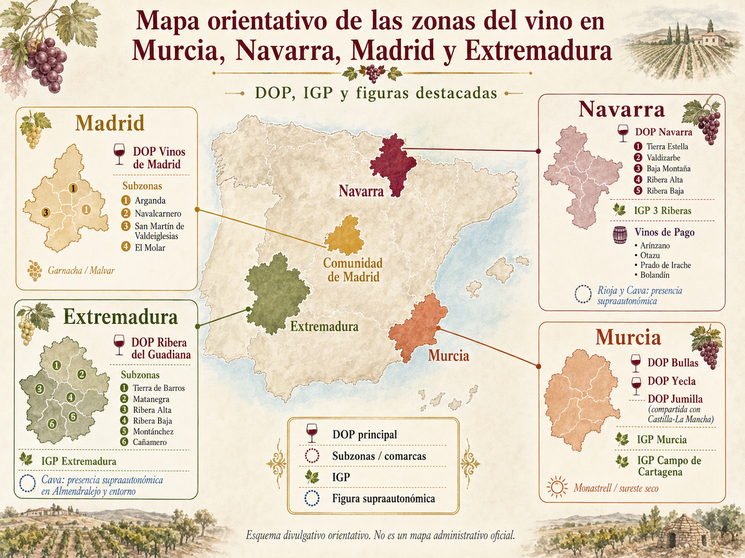 Mapa orientativo de las zonas vitivinícolas de Murcia, Navarra, Madrid y Extremadura