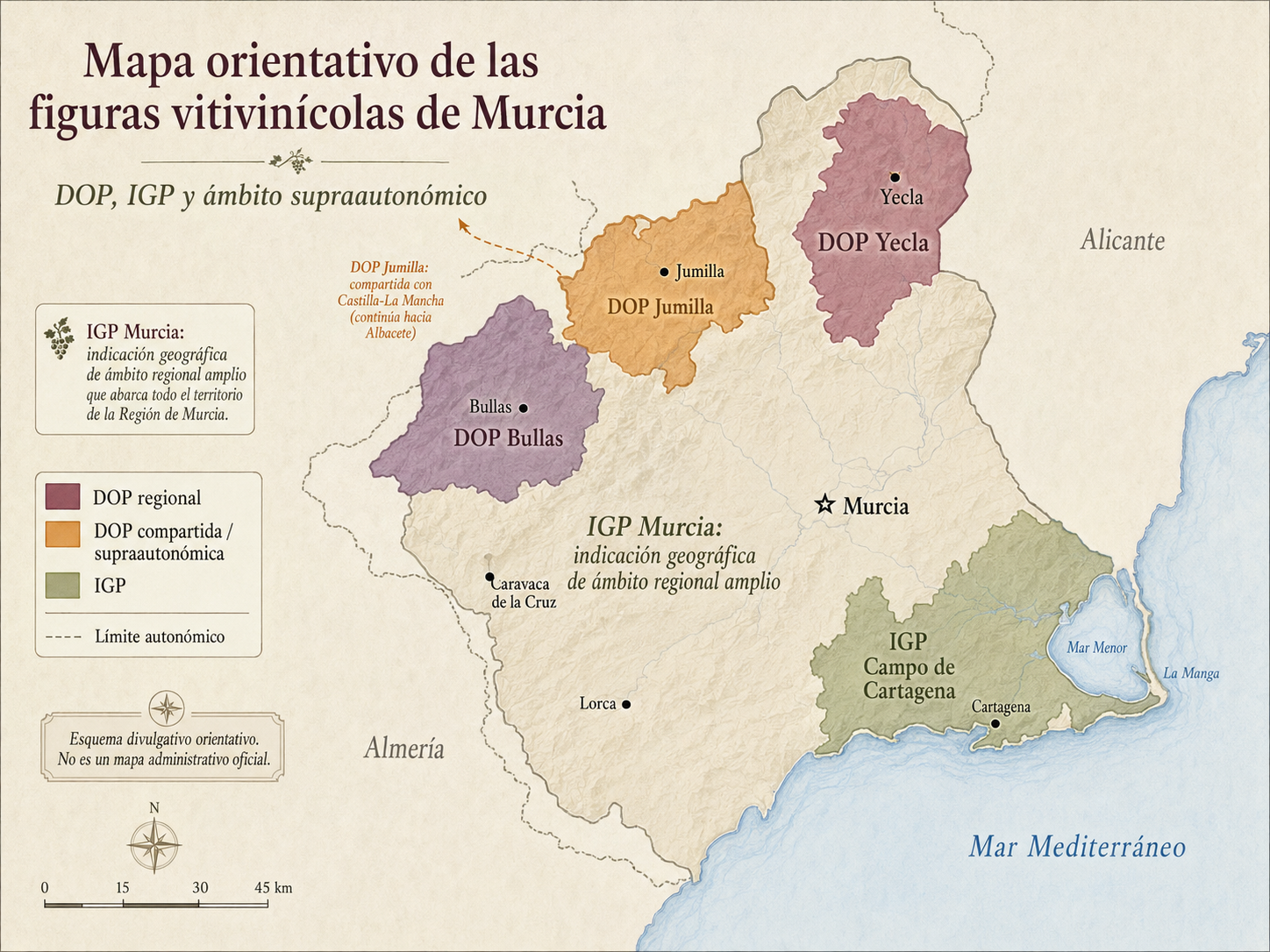 Mapa orientativo de las zonas vitivinícolas de Murcia con Bullas, Yecla, Jumilla, IGP Murcia y Campo de Cartagena