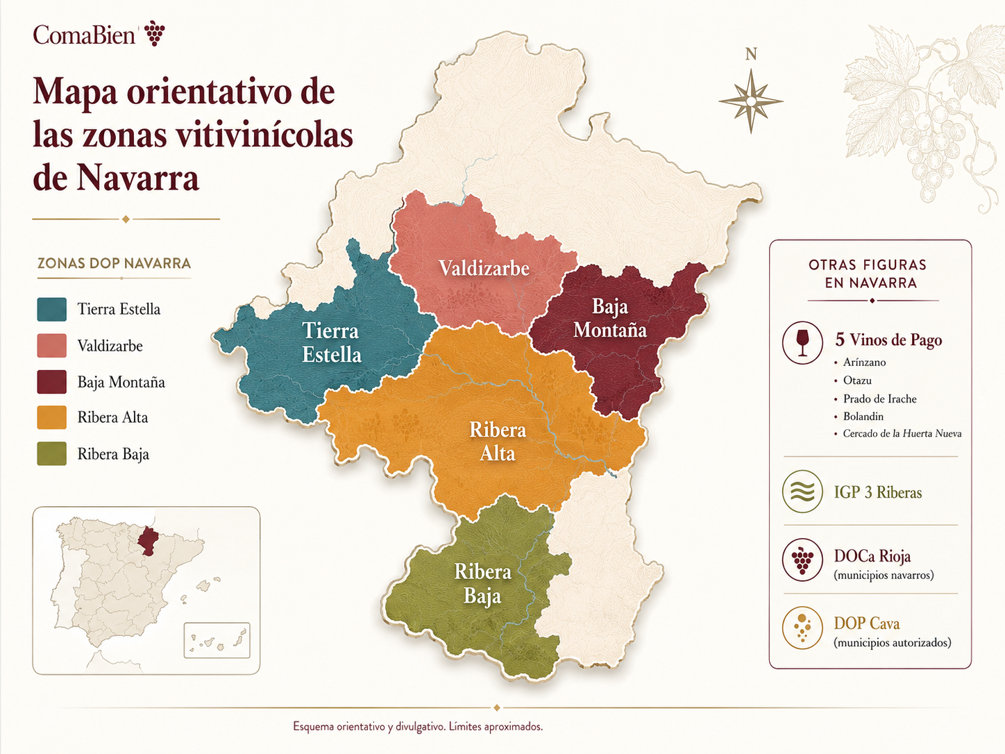 Mapa orientativo de las zonas vitivinícolas de Navarra con Baja Montaña, Valdizarbe, Tierra Estella, Ribera Alta y Ribera Baja