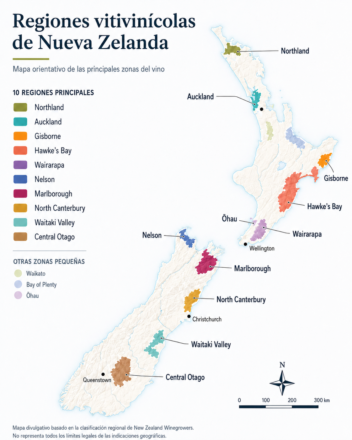 Mapa orientativo de las principales regiones vitivinícolas de Nueva Zelanda