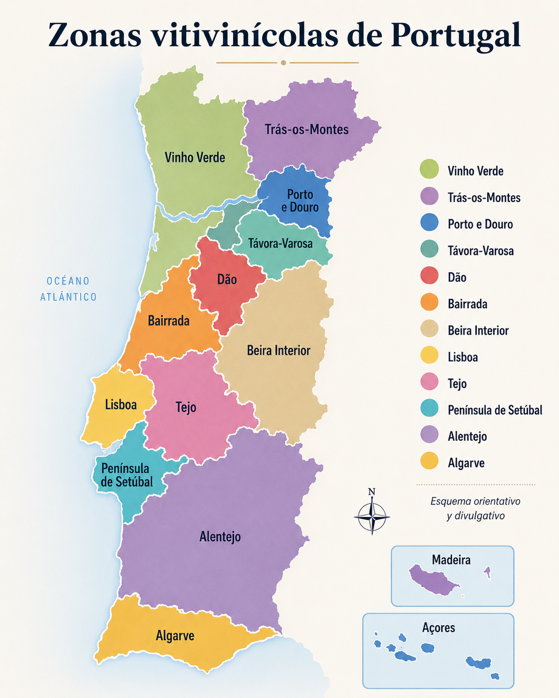 Mapa orientativo de las principales regiones vitivinícolas de Portugal