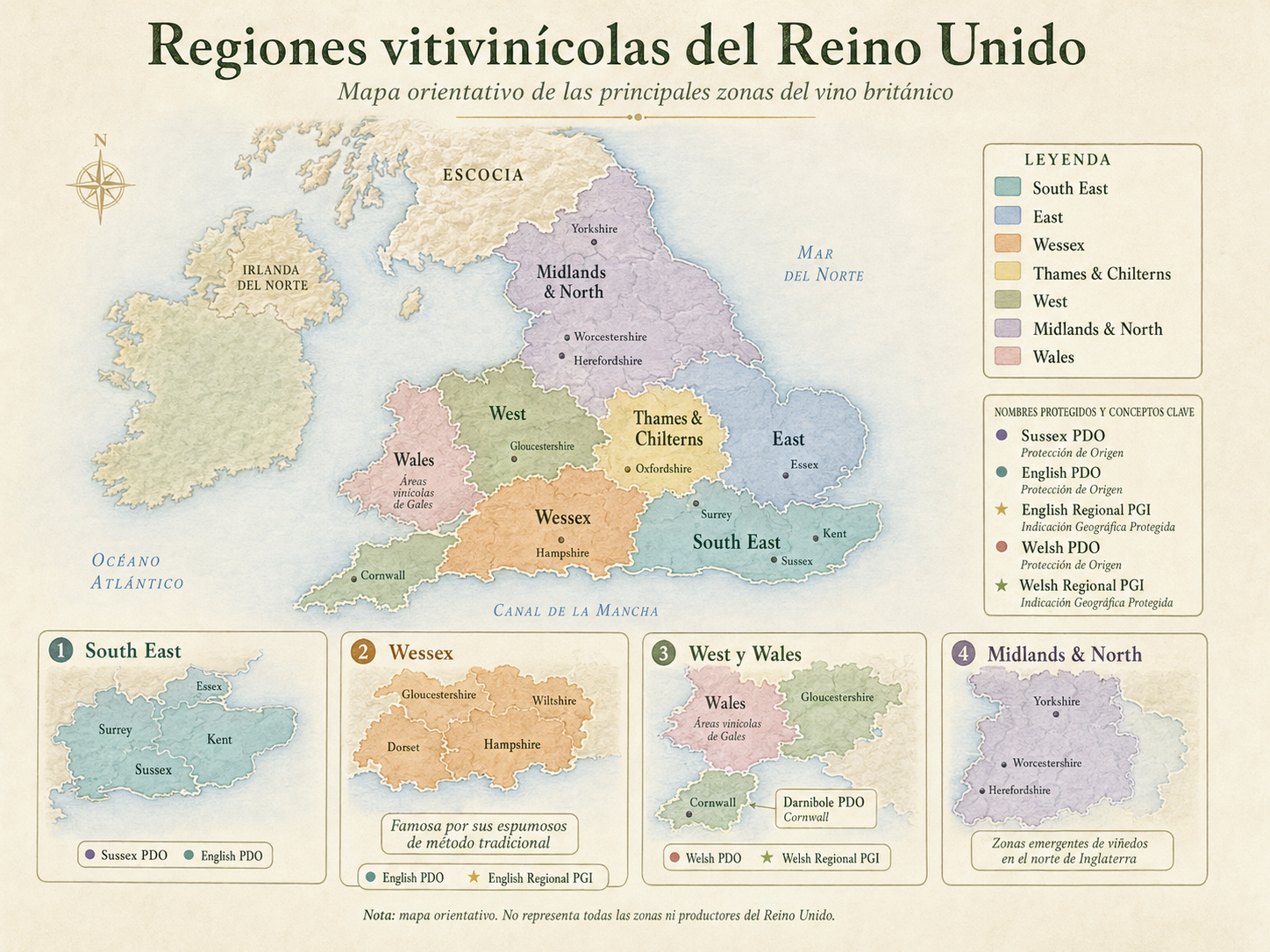Mapa orientativo de las principales regiones y condados vitivinícolas del Reino Unido