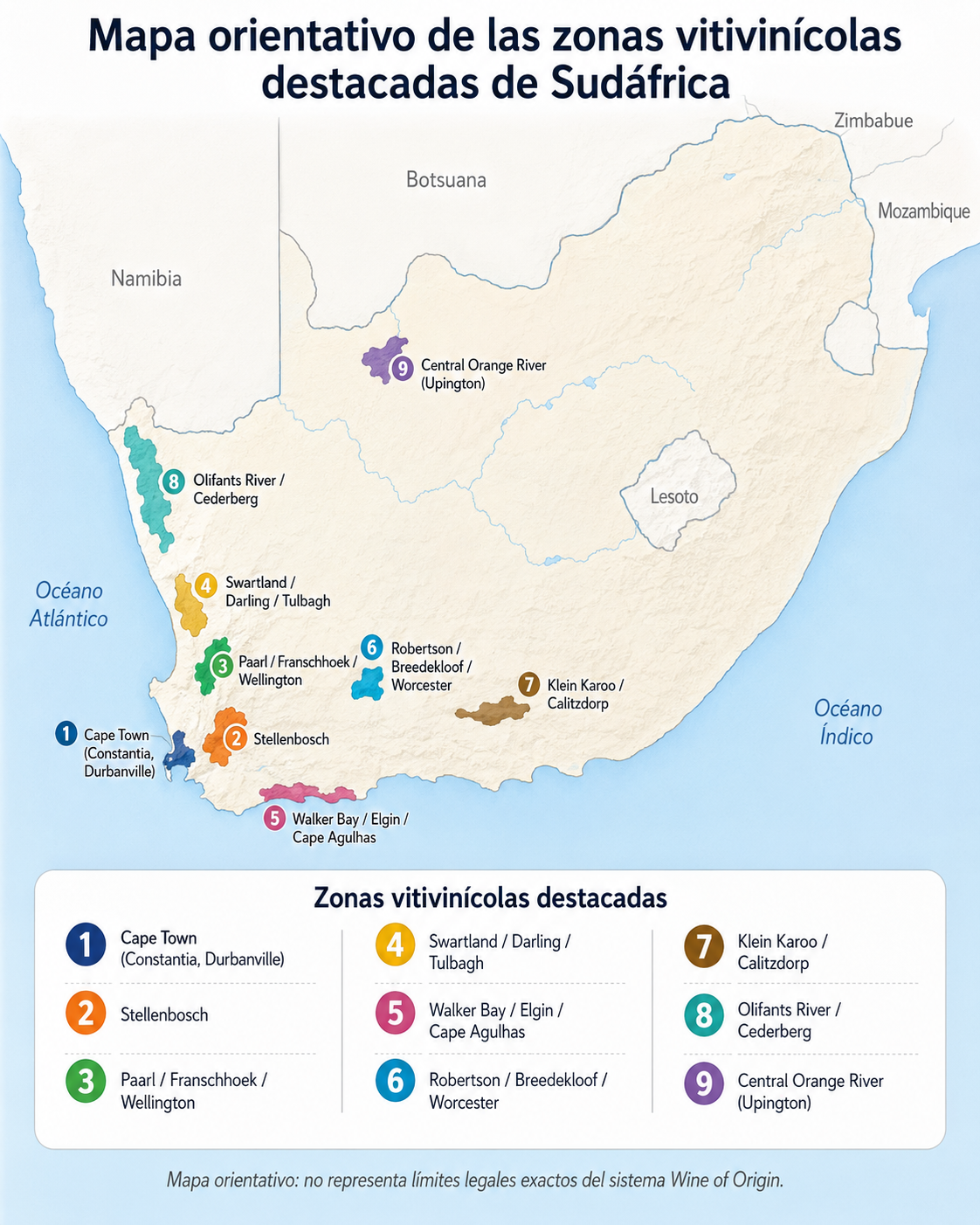 Mapa orientativo de las principales regiones vitivinícolas de Sudáfrica