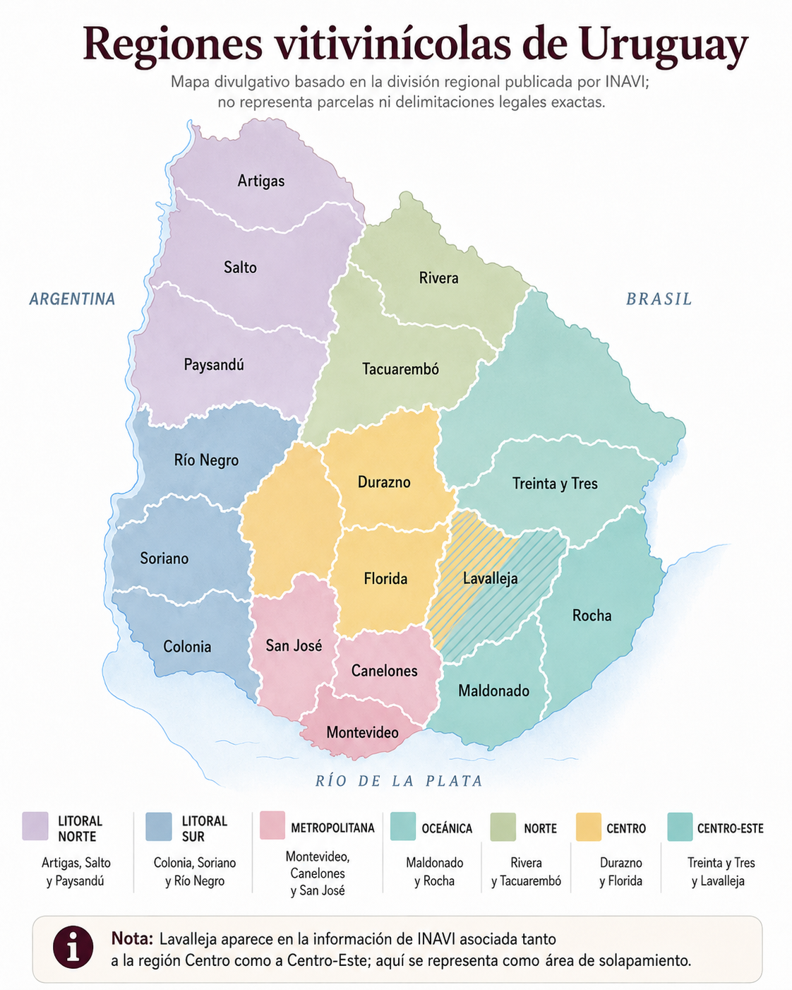 Mapa orientativo de las principales regiones vitivinícolas de Uruguay