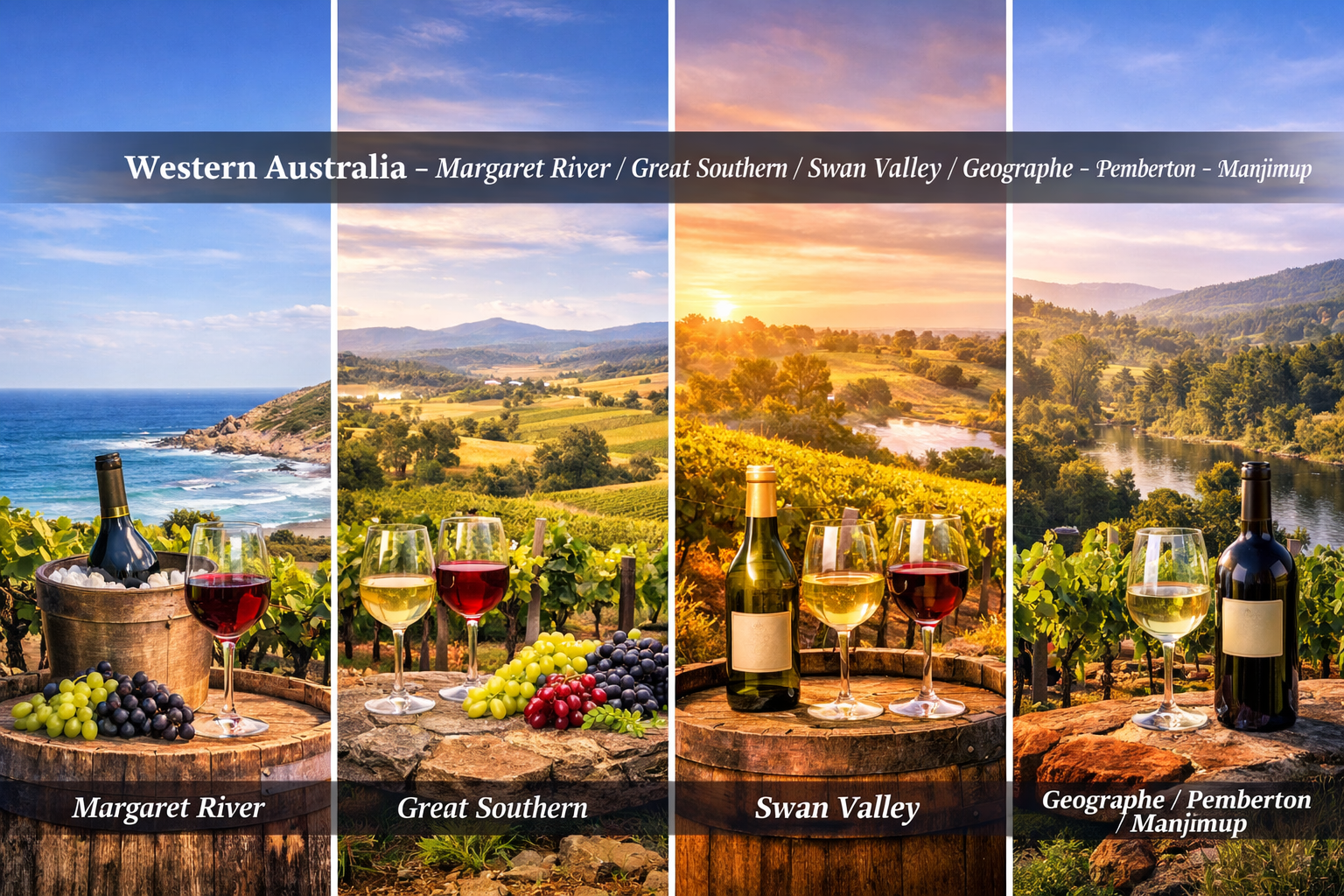 Viñedos costeros de Margaret River y paisajes de Great Southern en Western Australia