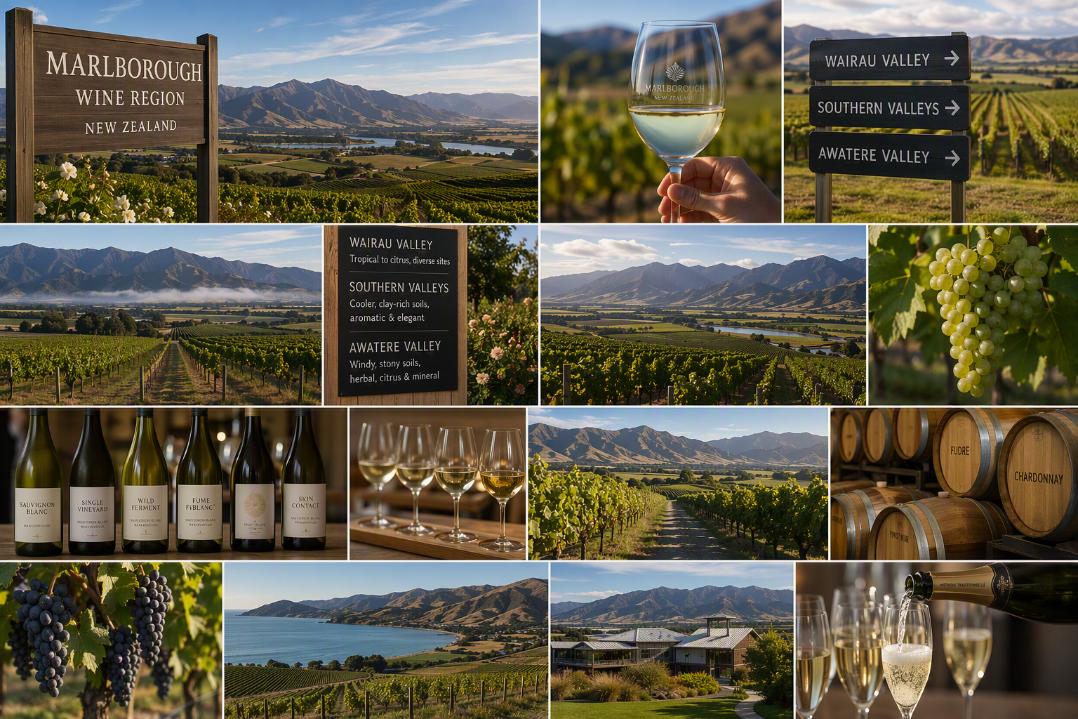 Viñedos de Sauvignon Blanc en Marlborough entre valles y montañas