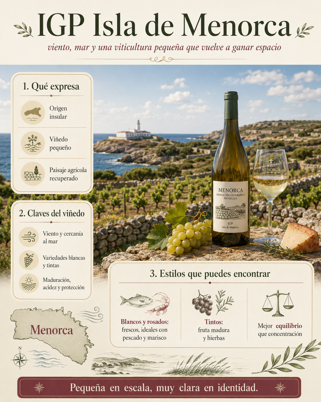 Viñedos de Menorca con muros de piedra seca, viento, paisaje rural y mar al fondo