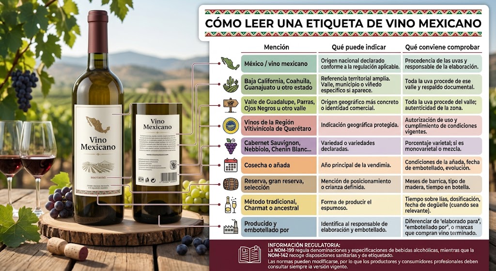Botellas mexicanas con indicaciones para interpretar origen, variedad, añada y crianza