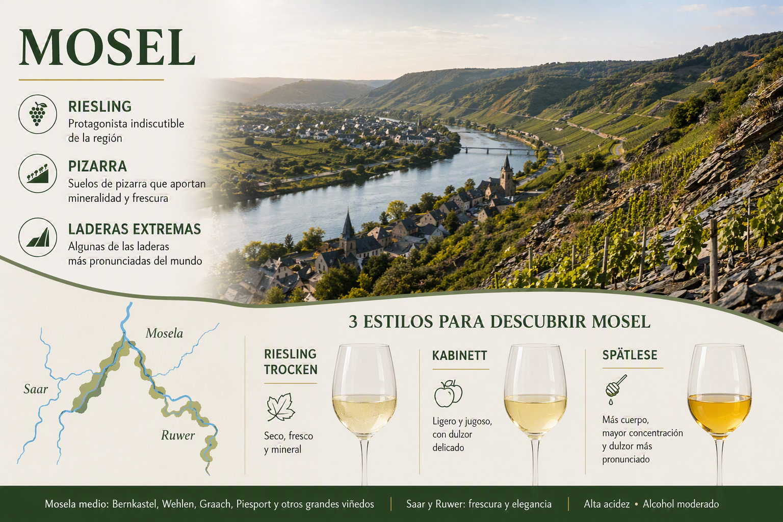 Viñedos de Riesling en las laderas pronunciadas del Mosela junto al río