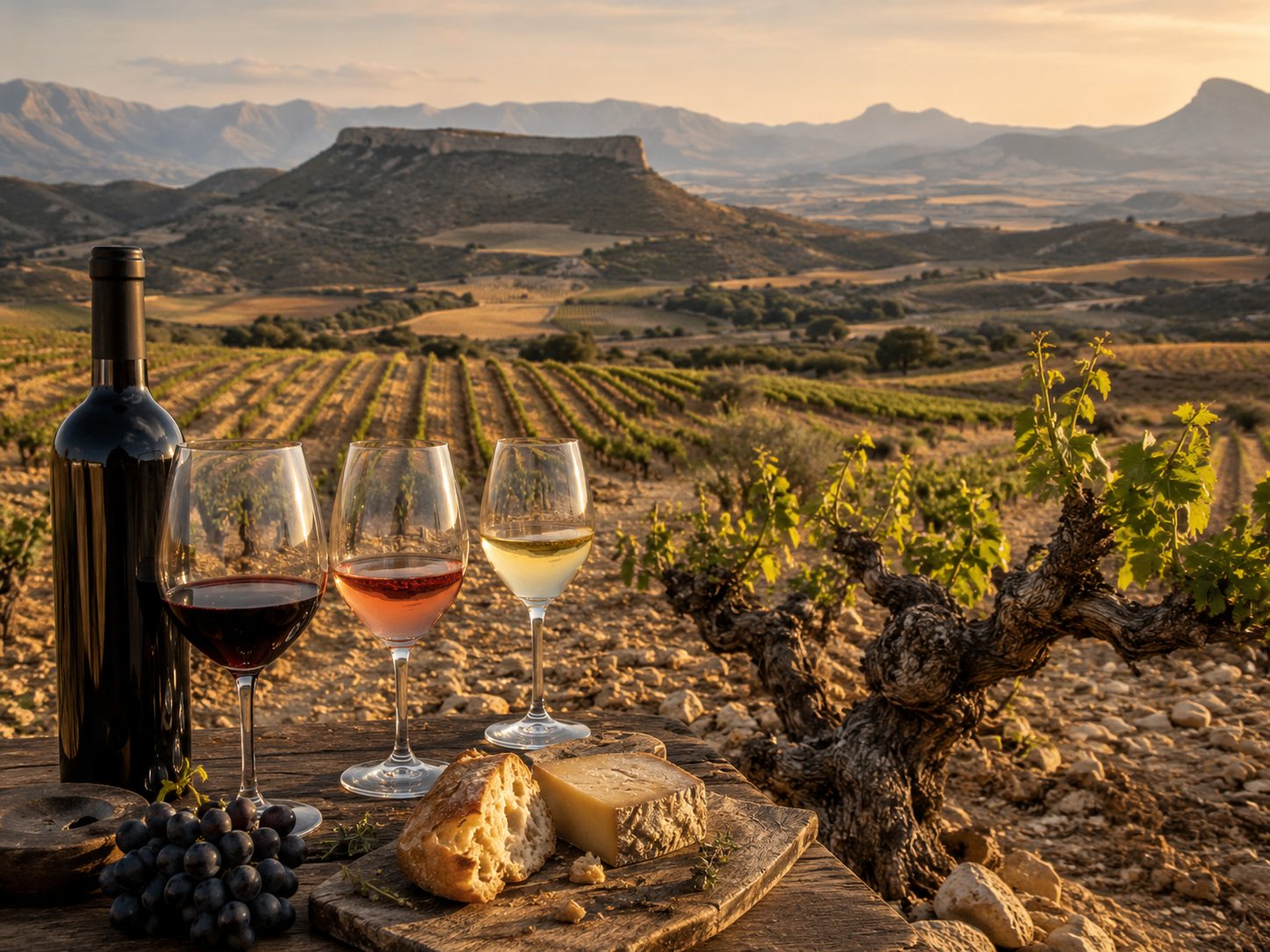Viñedos de Monastrell en Murcia con paisaje seco, sierras y copa de vino tinto