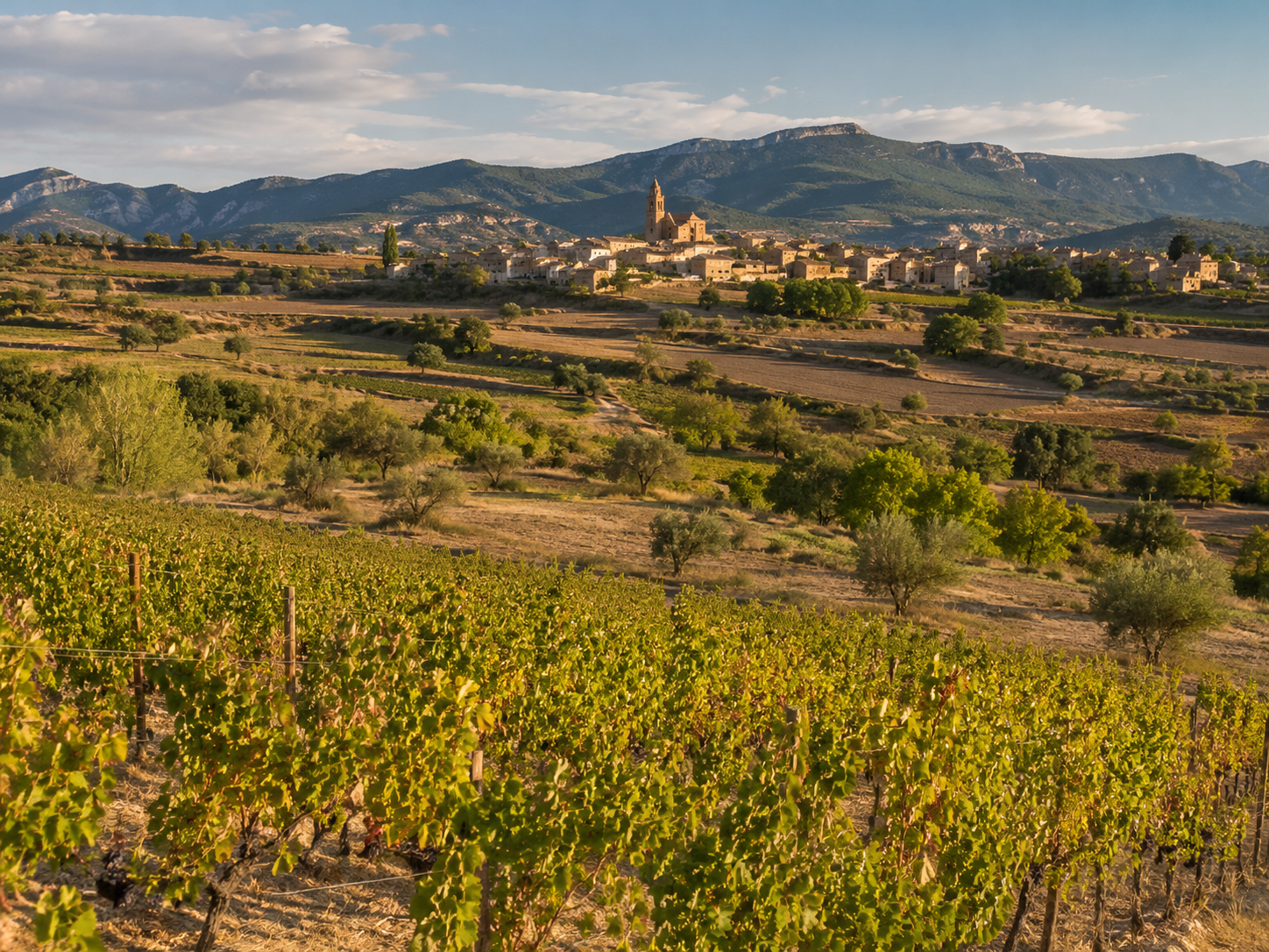 Viñedos de Baja Montaña en Navarra con laderas, pequeños pueblos y paisaje prepirenaico
