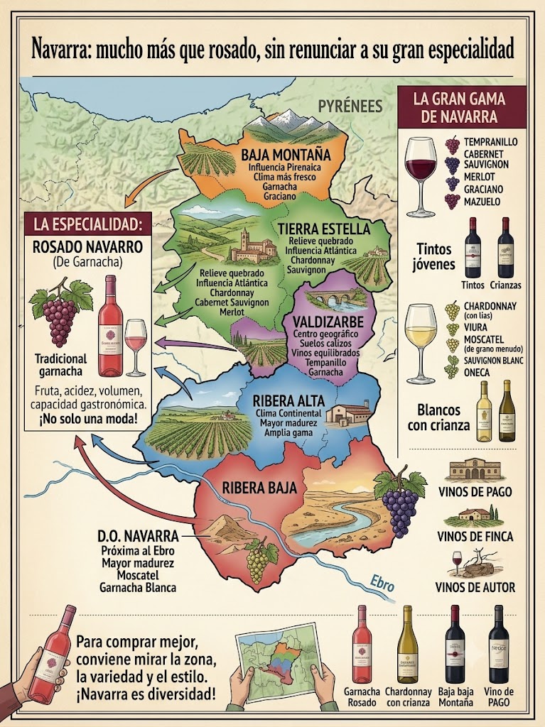 Viñedos de Navarra con Garnacha, copa de rosado, colinas y paisaje próximo a Olite