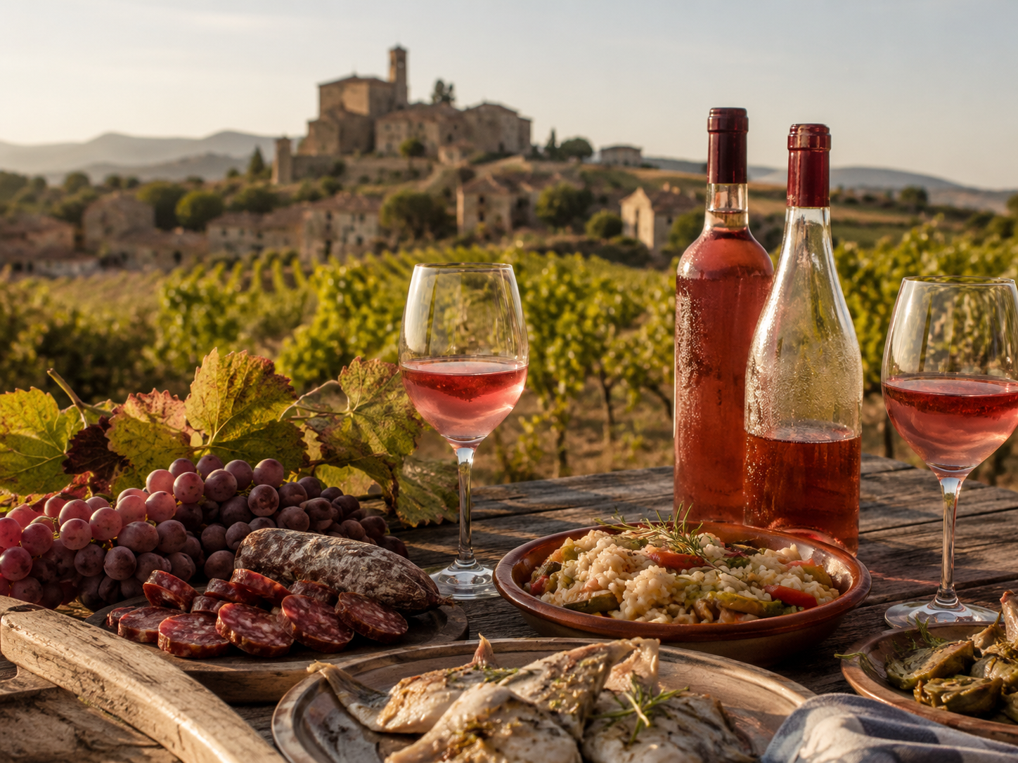 Rosado navarro de Garnacha servido con racimos y viñedos al fondo