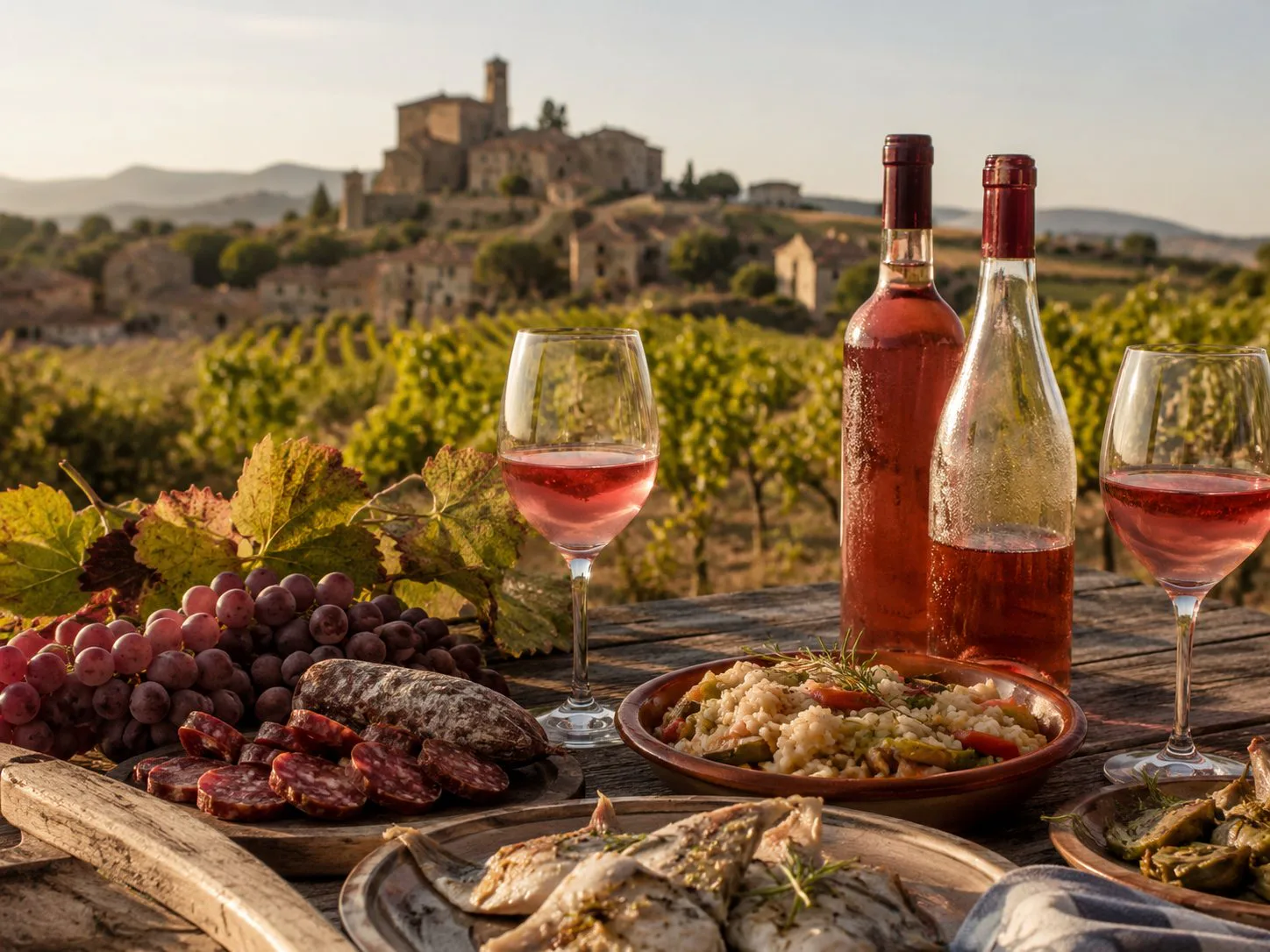 Rosado navarro de Garnacha servido con racimos y viñedos al fondo