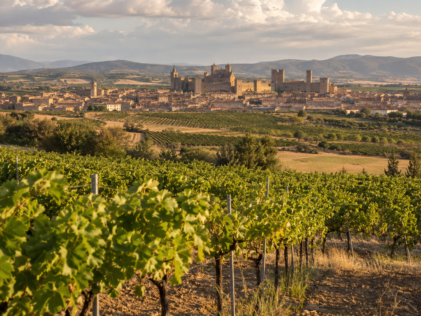 Viñedos de Ribera Alta con Olite, castillo y paisaje del centro de Navarra