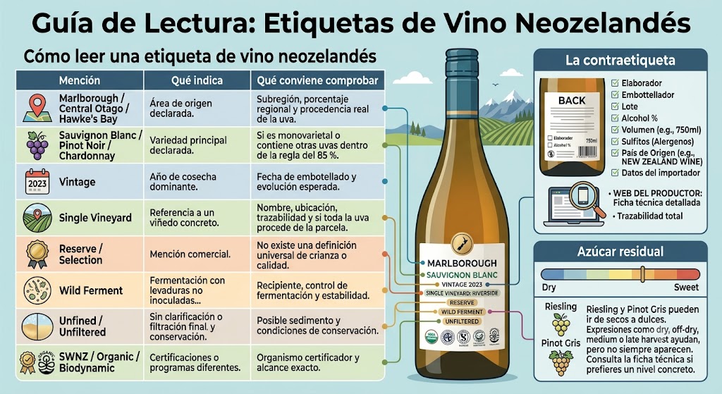 Etiquetas de vinos de Nueva Zelanda con región, variedad, añada y certificaciones