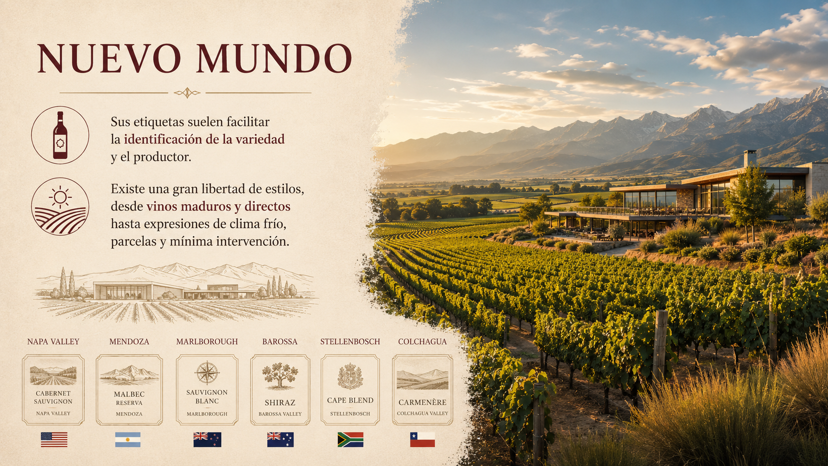 Viñedos de Australia, Nueva Zelanda y Sudáfrica con costa, montaña y paisajes abiertos