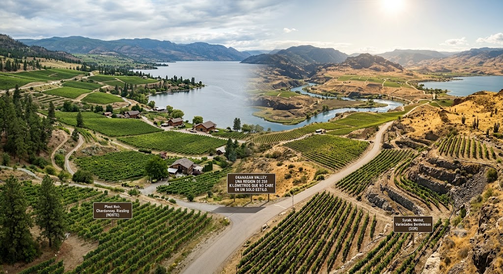 Viñedos de Okanagan Valley junto a un lago y montañas del interior de Columbia Británica