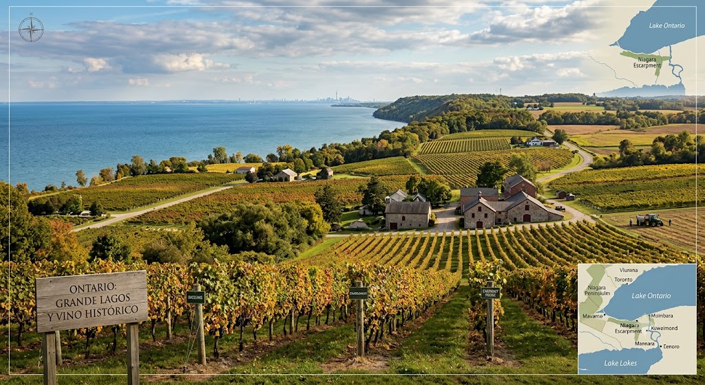 Viñedos de Ontario cerca de Niagara con el lago y la escarpa al fondo