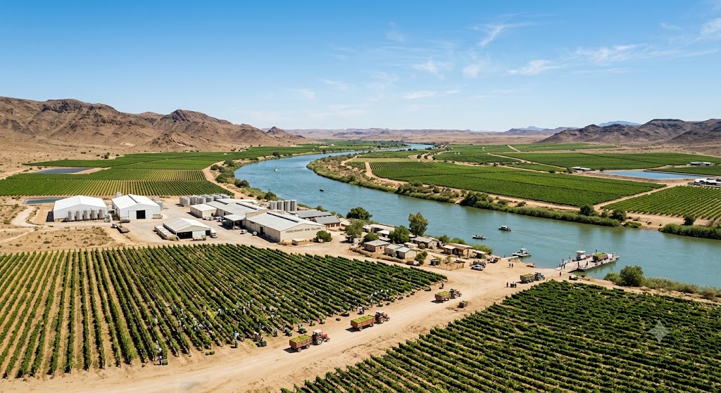 Viñedos regados junto al río Orange en Northern Cape