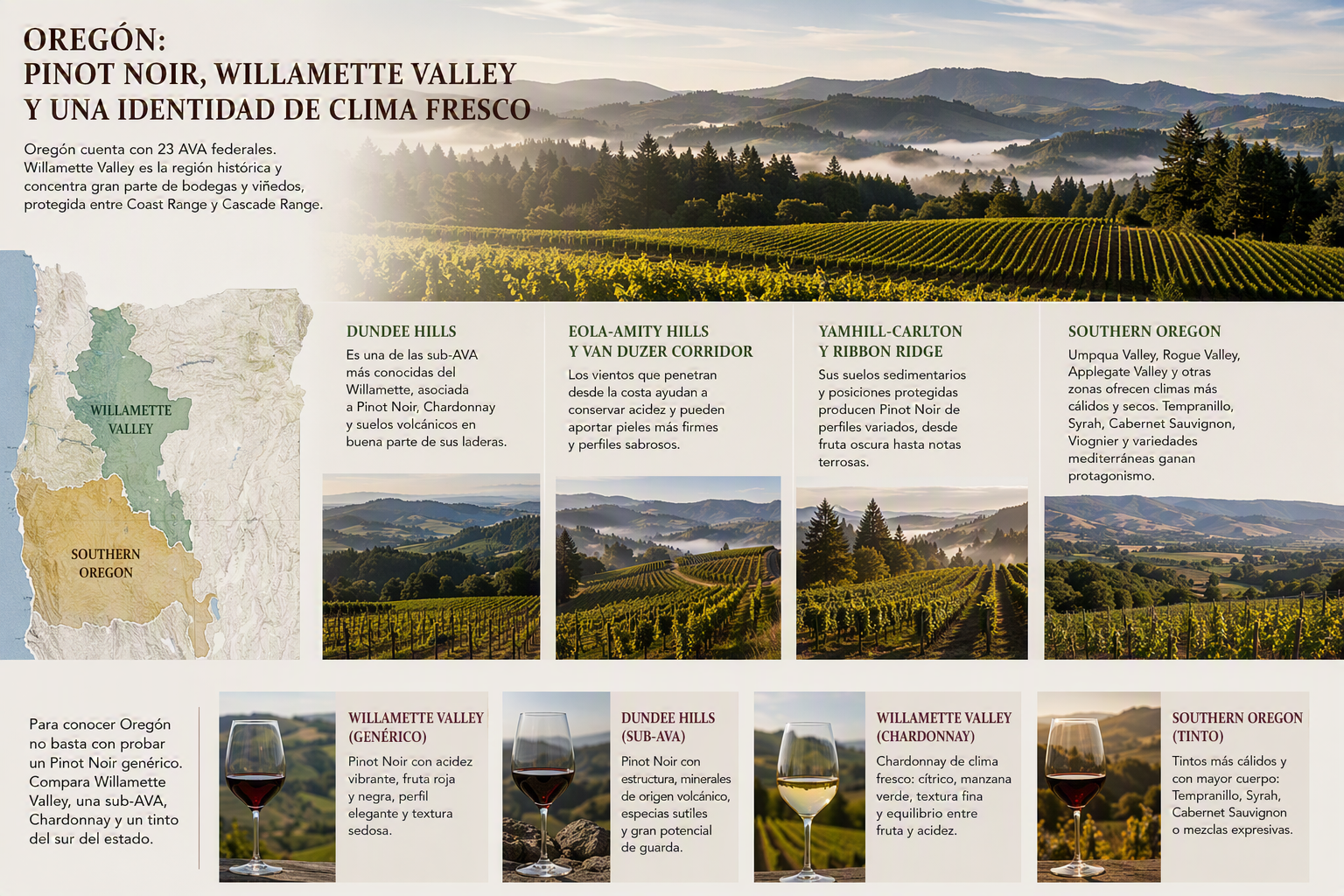 Viñedos de Pinot Noir en Willamette Valley con colinas verdes y montañas de Oregón